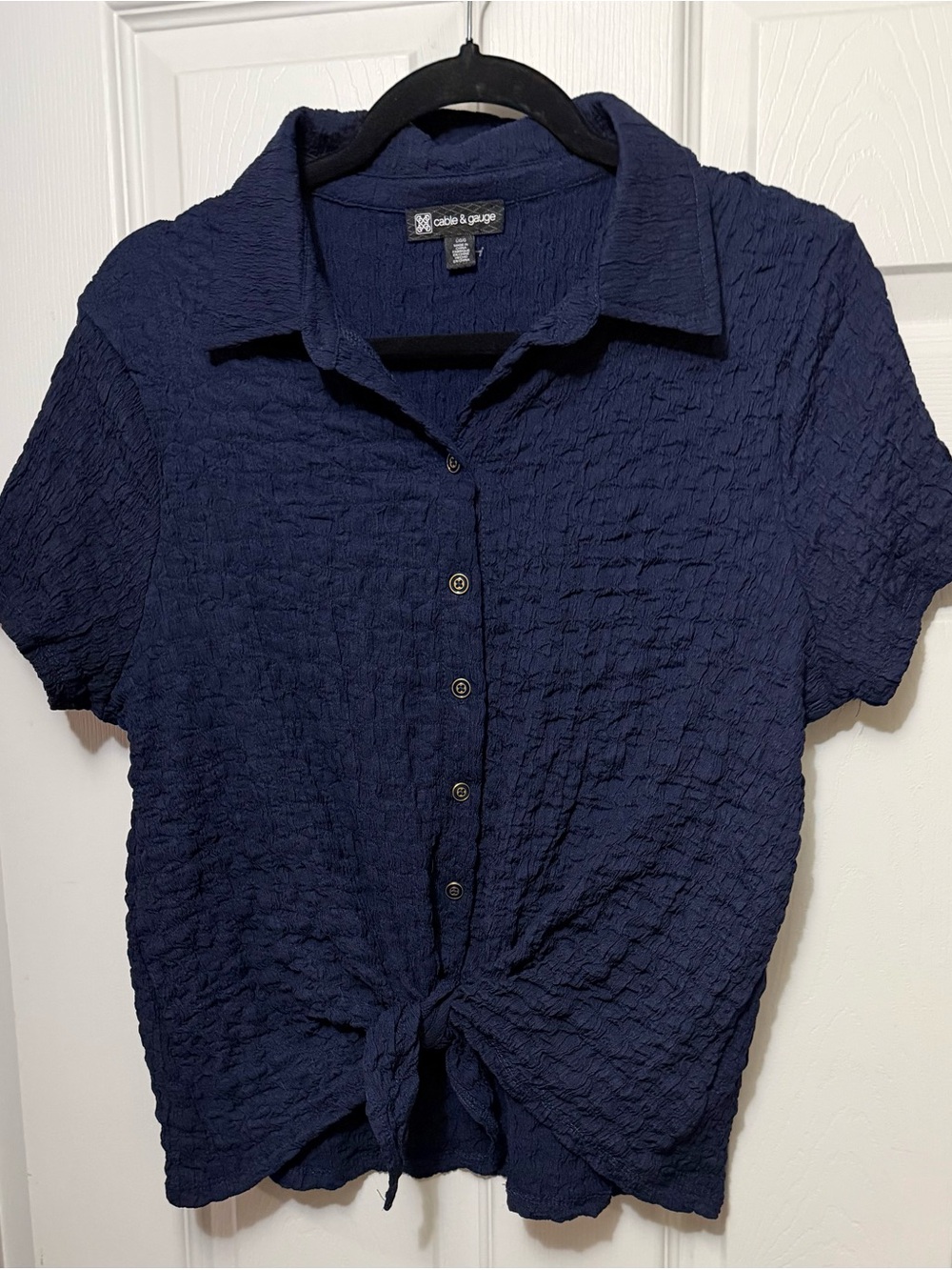 Cable & Gauge Navy Crinkle Button-Up Tie Front Top